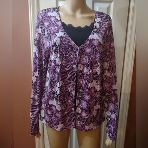Jaclyn Smith Womans Size Medium Long Sleeve Blouse Purple Double Layer Look